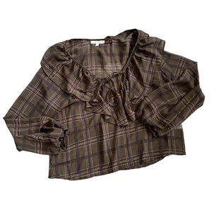 Le Lis Olive Green Plaid Keyhole Semi Sheer Blouse